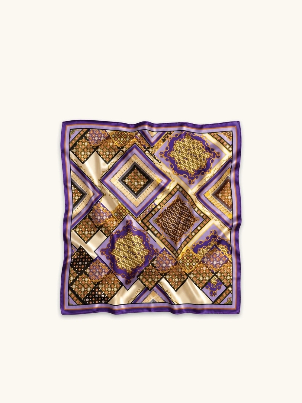 The Noli Shop Purple and Gold Riveria Chain Medallion Silk Square Scarf